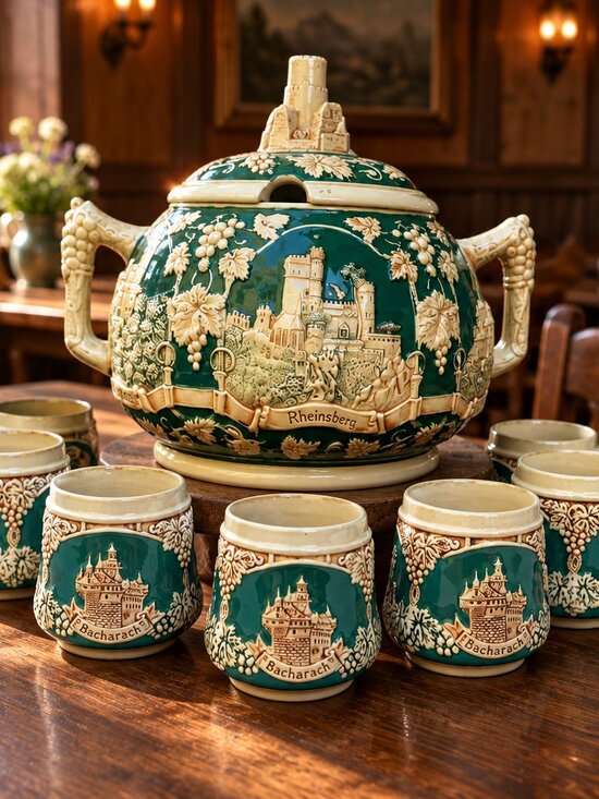 Marzi and Remy Other - Vintage German Stoneware Marzi & Remy 5L Castle Punch Bowl Set 8 Cups- 10Pc Set